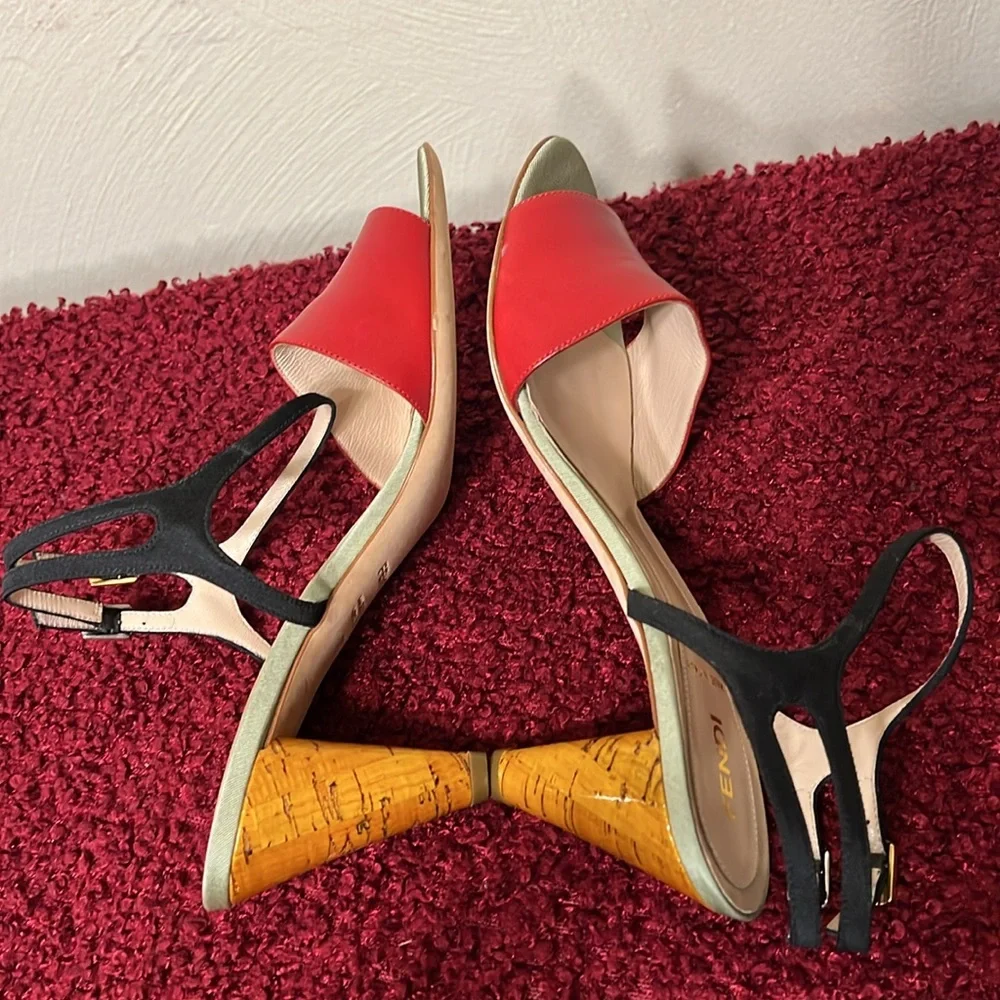 Fendi Olive Faille Color Block Ankle Strap Sandals size 8 - Picture 11 of 17